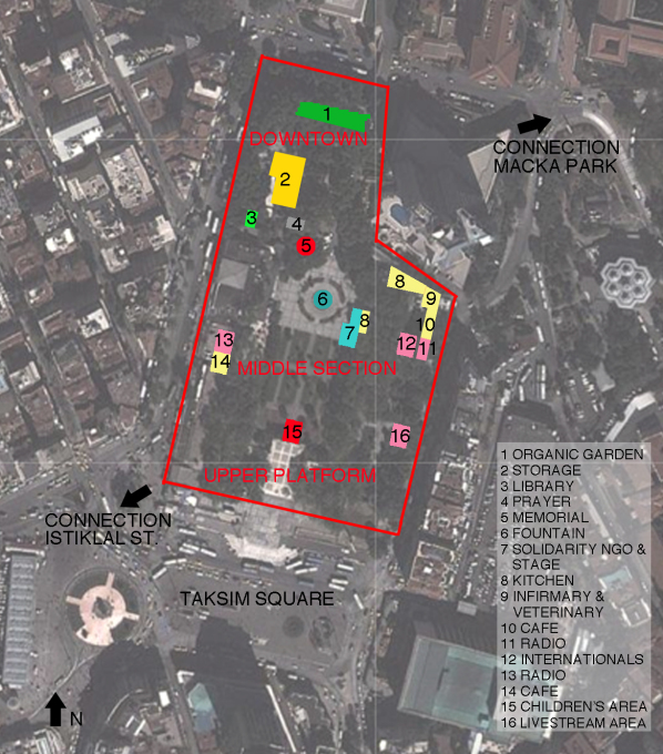 A plan of Gezi Park showing the different 'urban' districts.&nbsp;(Image:&nbsp;Merve Bedir)