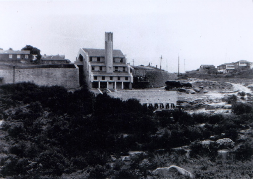 View across the gully in the 1930s, during construction, looking north towards the southern fa&ccedil;ade of the incinerator, showing the different levels of the building stepping down the site. (Photographer unknown, courtesy SJB Architects/Willoughby
