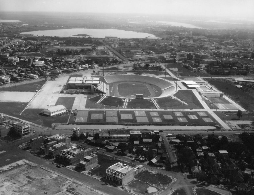 Aerial view of the complex with the sports hall to the left and the outdoor pool to the right. (Photo &copy; Vann Molyvanns private collection)