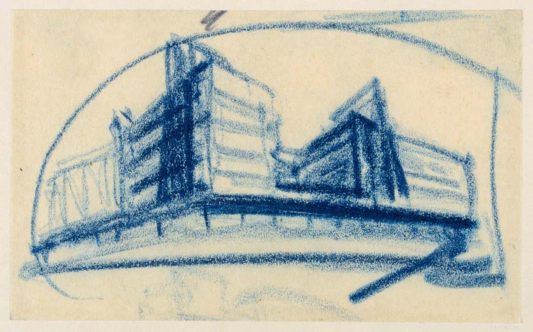 A perspective sketch for the Columbushaus, Potdamer Platz, Berlin, one of Mendelsohn&rsquo;s most high profile projects, blue pencil on paper. (Image: &copy; Kunstbibliotek, Staatliche Museen zu Berlin/Dietmar Katz)