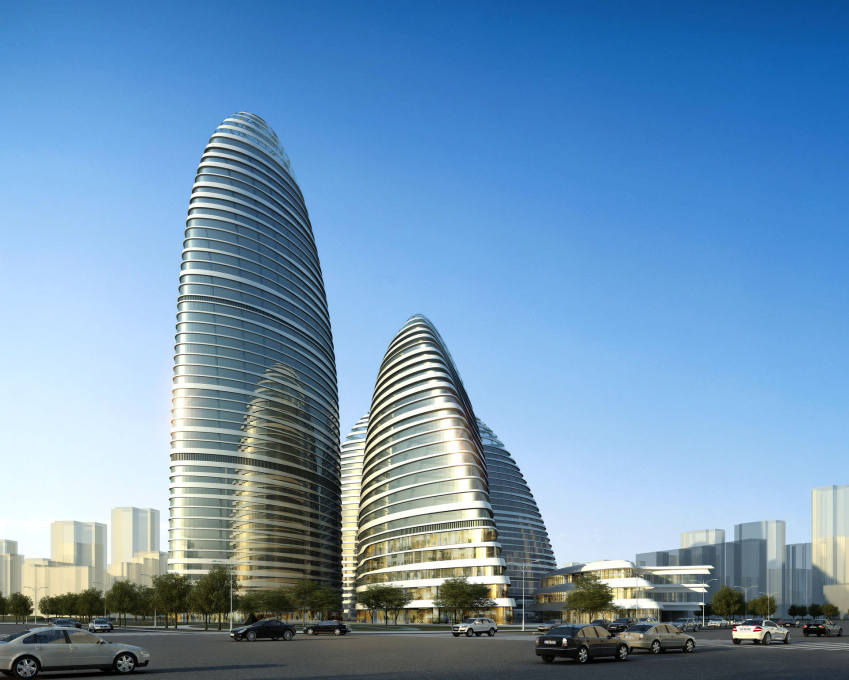 ...a CGI. A visualisation of the 200 metre-high Wangjing Soho, the sister building&nbsp;to the Galaxy, also by Zaha Hadid Architects, also in Beijing, due for completion in 2014. (Image courtesy Zaha Hadid Architects)
