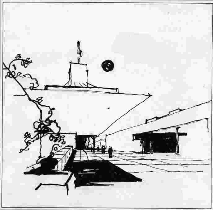 Sketch circa 1969 of the proposed national radio station building in Bratislava. (Image courtesy Institute of Construction and Architecture of the Slovak Academy of Sciences)