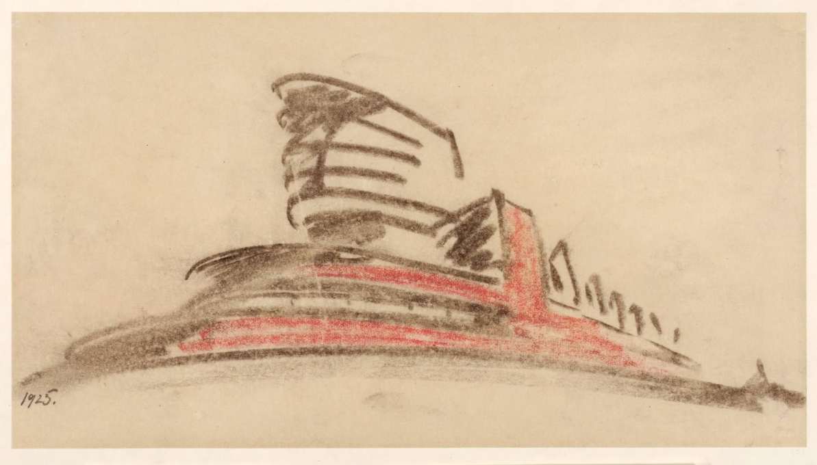 Erich Mendelsohn's 1925 sketch for his Red Flag textile factory in Leningrad, charcoal and red crayon. (Image: &copy; Kunstbibliotek, Staatliche Museen zu Berlin/Dietmar Katz)