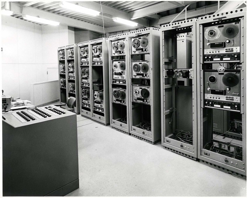 The pavilion contol room showing the racks of TEAC reel-to-reel tape recorders that provided the input sources for the sound system. (Photo: Shunk-Kender &copy; Roy Lichtenstein Foundation, courtesy E.A.T.)