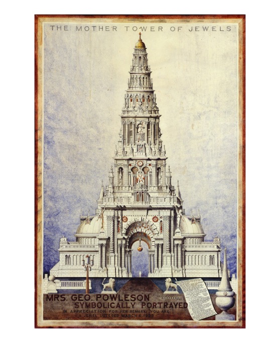 One of Achilles Rizzoli's extraordinary drawings of people as buildings, this one: &ldquo;Mrs. Geo. Powleson Symbolically Portrayed / The Mother Tower of Jewels&rdquo;, 1935 (Courtesy: The Ames Gallery, Berkeley, CA, USA)