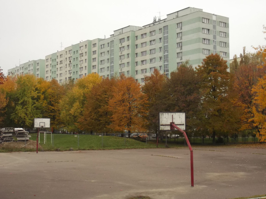 1970s system-built housing blocks at Stegny, Warsaw, blanketed in pastel-green striped styrofoam. (All photos: Owen Hatherley)