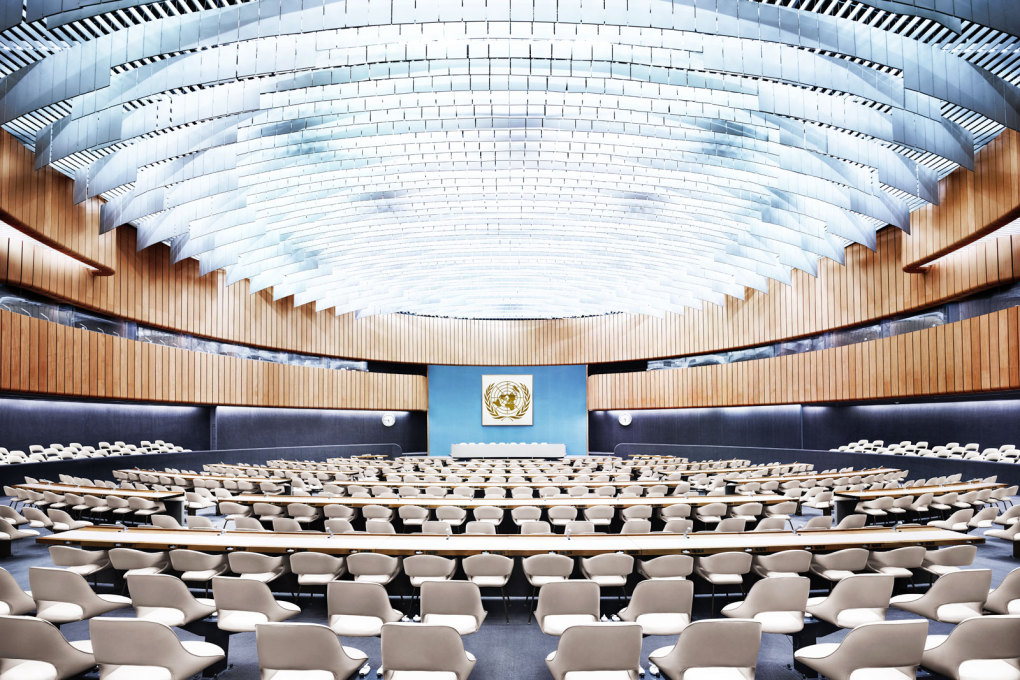 UN Room XIX I, Geneva, Switzerland, 2013. Main Stage : Room XIX of the European Headquarters of the United Nations, a building over 600 metres in length.