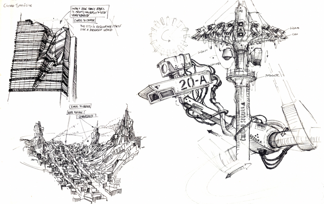 This particular sketch depicts a city "reshaping itself like a program would,"...