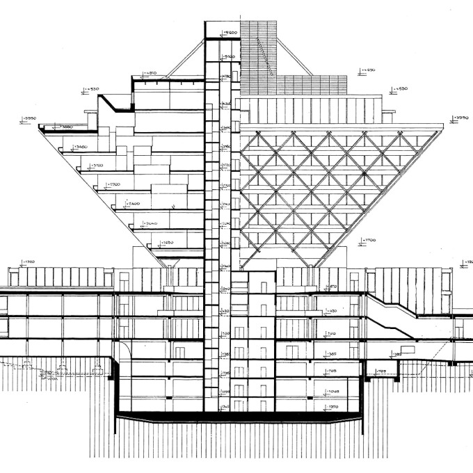 Original elevational and sectional drawing by architects &Scaron;tefan Svetko, &Scaron;tefan ?urkovi? and Barnab&aacute;&scaron; Kissling.