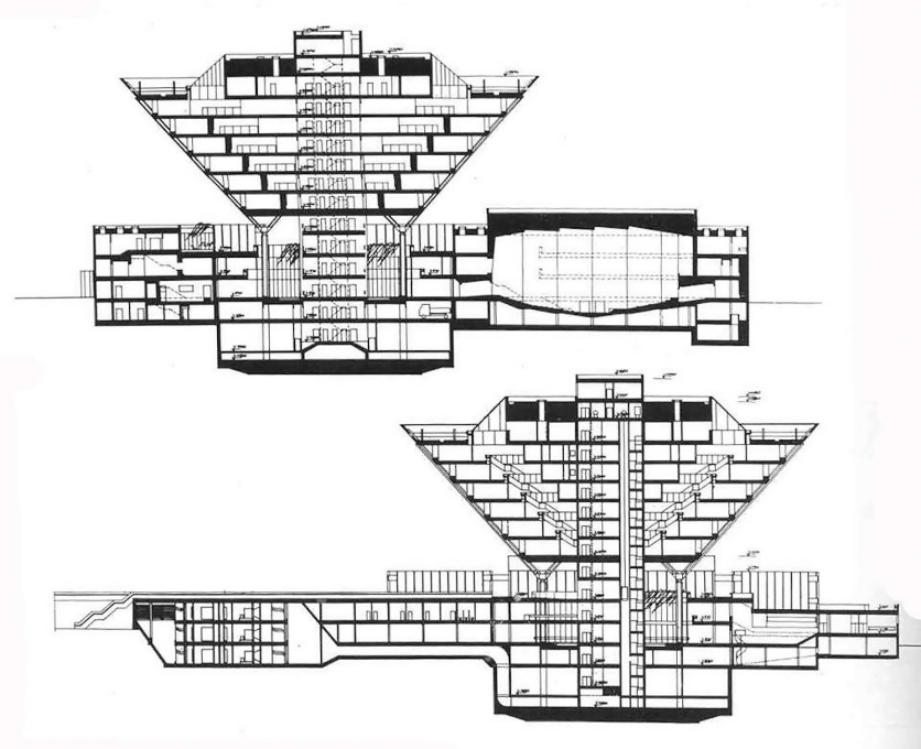 Sections through the inverted pyramid and its low-lying base by architects &Scaron;tefan Svetko, &Scaron;tefan ?urkovi? and Barnab&aacute;&scaron; Kissling.