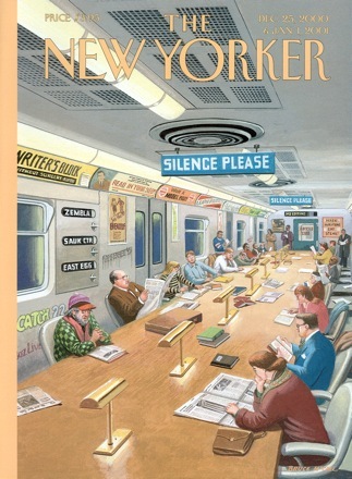 Reading in public captures the collective imagination.&nbsp;Bruce McCall's cover for an issue of The New Yorker depicted a library atmosphere common during NYC's morning subway rush, with a call to hush, prior to smartphone days.(Image via The New York