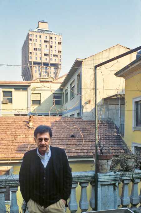 Aldo Rossi on the terrace of his apartment in Milan.
