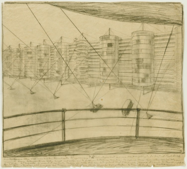 Brothers Rasch: Suspended Housing Units, perspective sketch, 1927/1928. Pencil on parchment paper. (Gift of Jo Carole and Ronald S. Lauder and the Architecture &amp; Design Purchase Fund &copy; Museum of Modern Art New York)