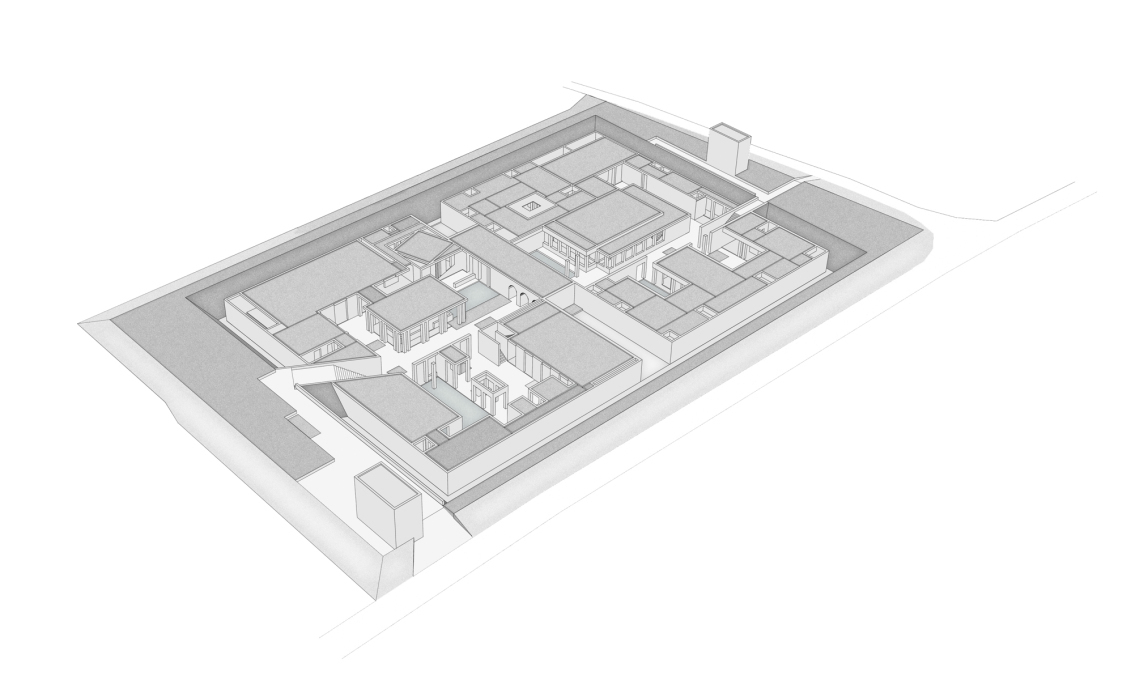Isometric view of the site of the Friendship Centre. The diagonally-shifted roof, contrastingly off-grid from the rest of the complex, belongs to the Prayer Space, orientated to Mecca. (Image: URBANA)