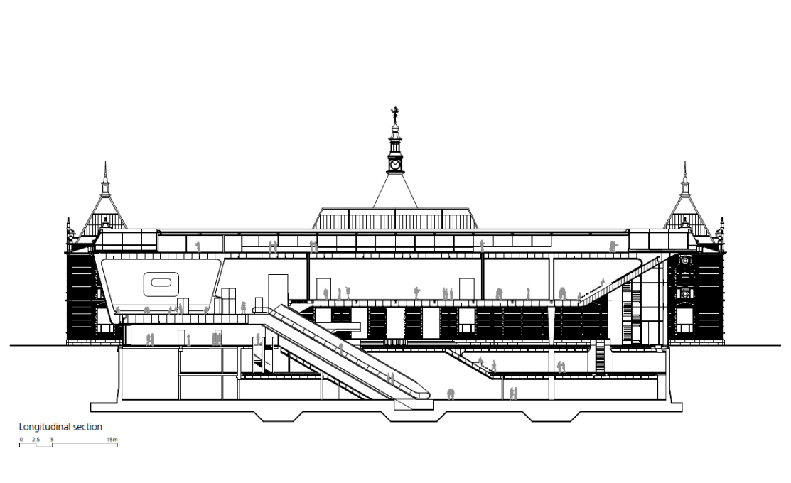 The longitudinal section shows the arrangement of rooms in the new extension, with offices on the top floor, exhibition hall and auditorium on the first floor, foyer on the ground floor and another exhibition hall in the basement.