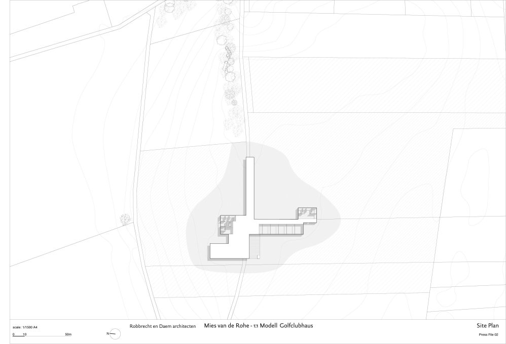 The site plan clearly shows the careful positioning by Mies in the landscape (Image:&nbsp;Robbrecht en Daem Architecten)
