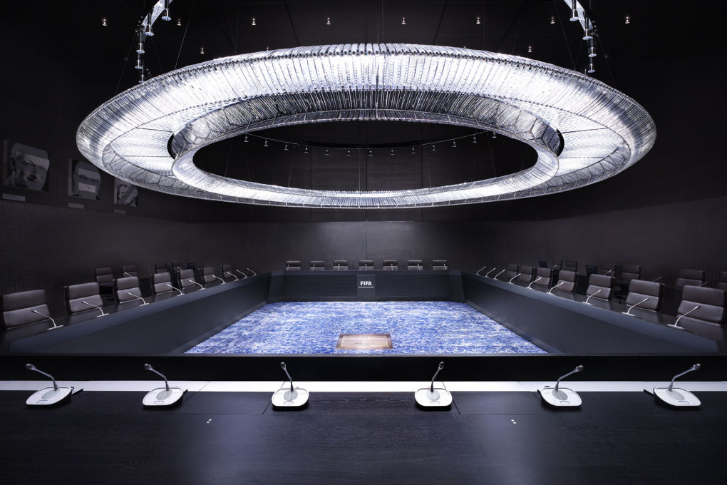 FIFA Executive Committee Room, Zurich, Switzerland, 2013. An underground meeting hall, its huge crystal chandelier shaped like an arena, where as FIFA President Joseph Blatter says, the light must &ldquo;come from people who are in there&rdquo;.