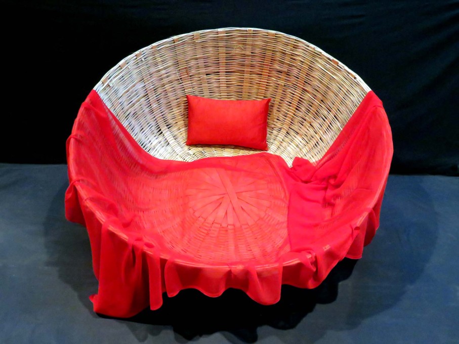 Transactional Objects, Object 8: Basket Bed, Rupali Gupte and Prasad Shetty, 2015, Cane, Cloth, 60cm deep, 114cm in diameter.