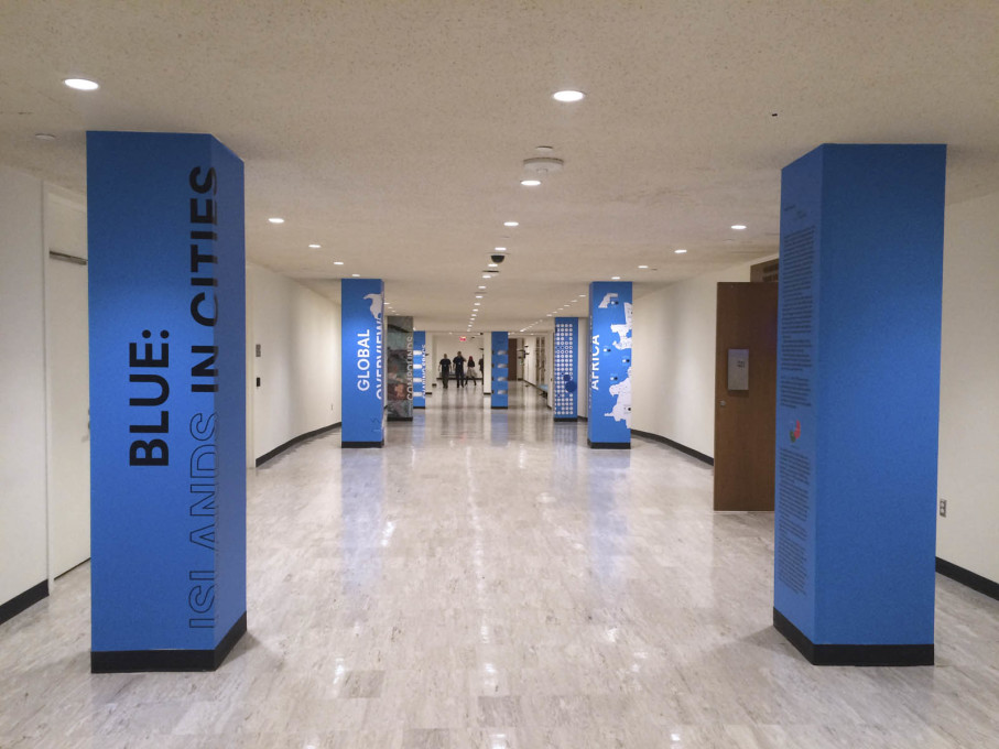 Exhibition view of &ldquo;Blue: Islands in Cities&rdquo;, a precursor to Malkit Shoshan&rsquo;s Venice Pavilion, displayed at the UN headquarters in New York in January 2016. (Photo: Malkit Shoshan)