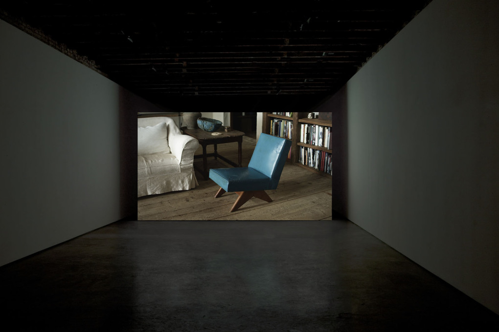 Installation view at Simon Preston Gallery, New York in 2013. The film follows the journey of pieces of furniture designed by Le Corbusier&rsquo;s cousin Pierre Jeanneret...