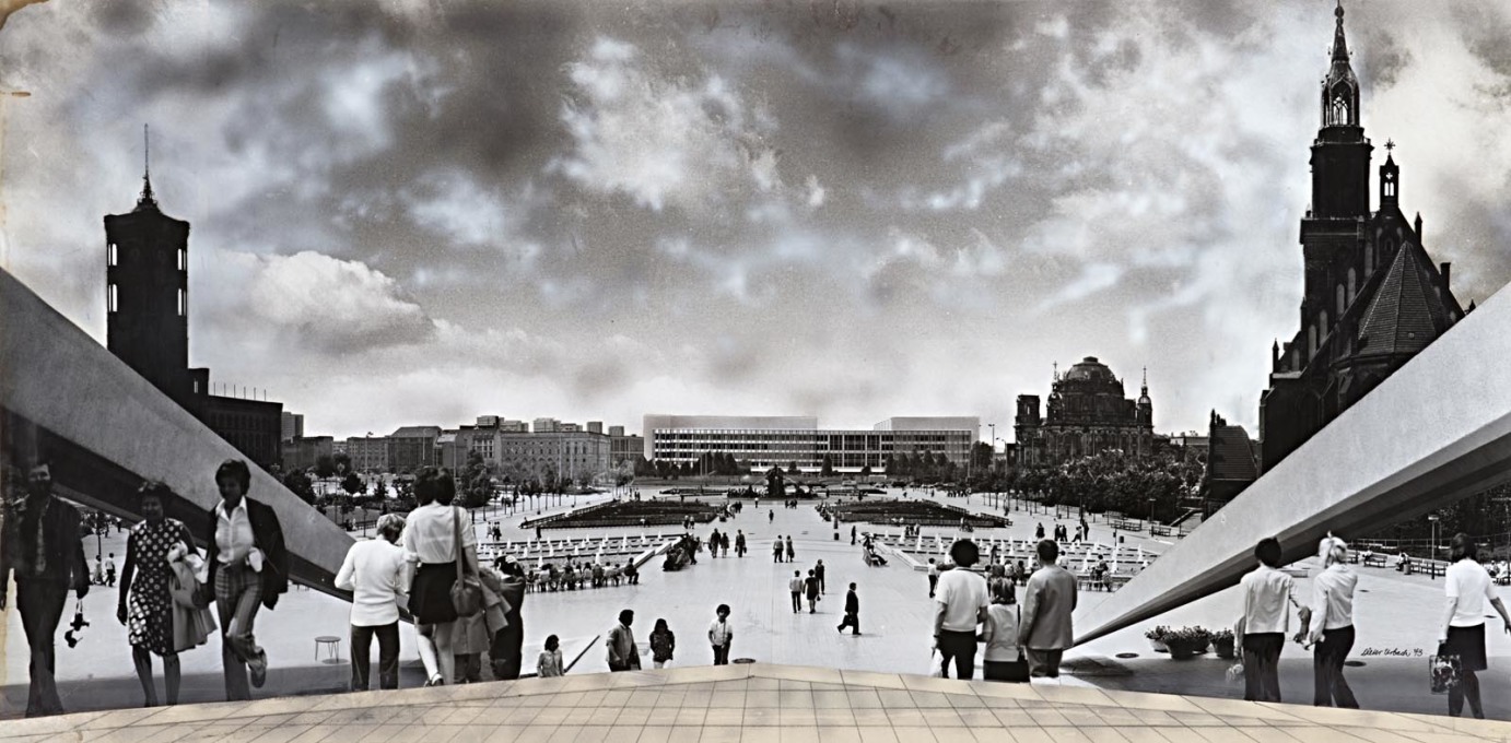 Urbach&rsquo;s collaged view towards the Palace of the Republic from the bottom of the TV tower, 1973.