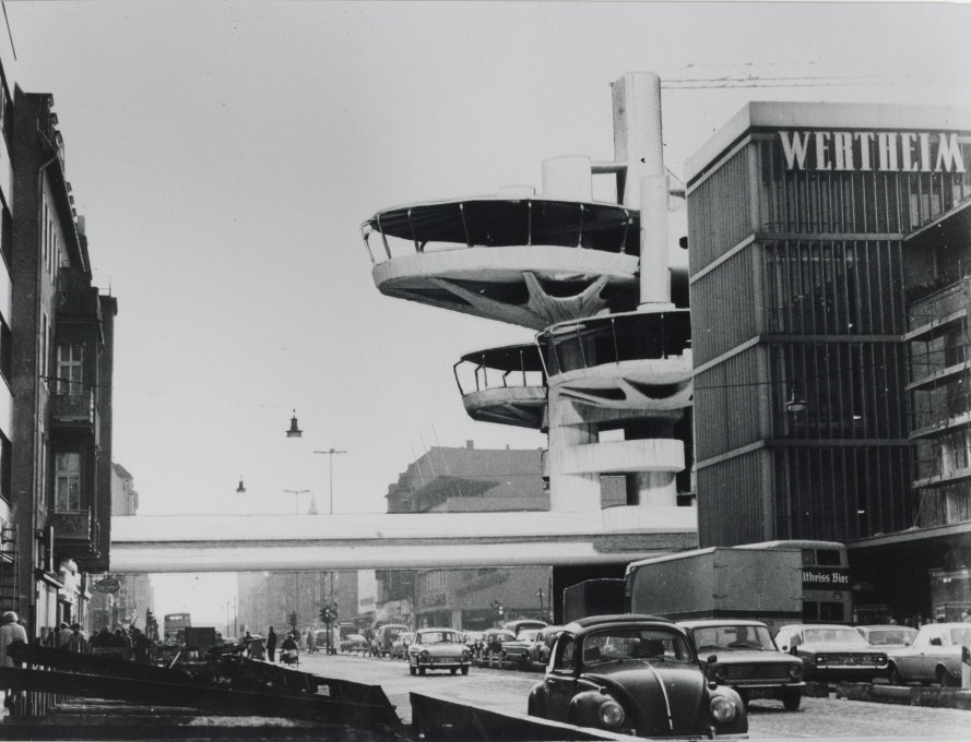This proposal for a tower restaurant in West Berlin was actually realised in a similarly weird way. (Photo-collage 1968/69 &copy; Sch&uuml;ler, Sch&uuml;ler-Witte/Berlinische Galerie)