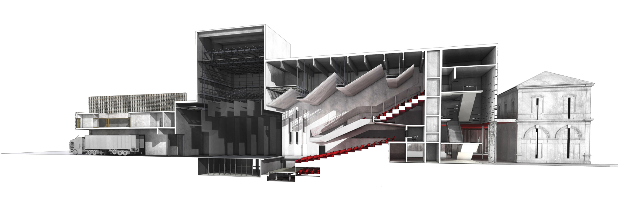 Longitudinal sectional perspective, cut north-south through theater auditorium. (Image: K-architectures)