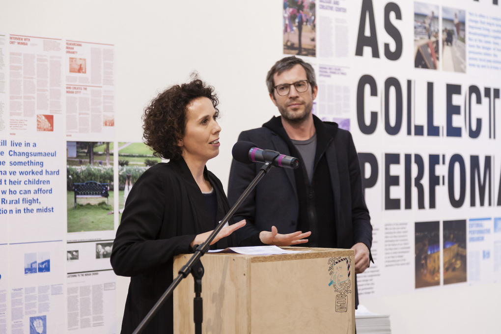 Curators Matthias B&ouml;ttger and Angelika Fitz (Tim Rieniets not pictured) introduce the Weltstadt project to the public at the exhibition opening. (Photo: Schnepp Renou)