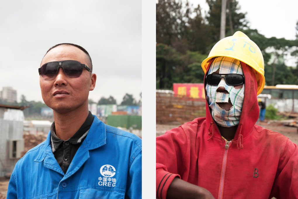 Left: The exhibition&rsquo;s main motif is of a Chinese site manager on a construction site for a new light rail line system in Addis Ababa, built by Chinese company CREC. Right: A welder on the same site. (Photo: Michiel Hulshof &amp; Daan Roggeveen)&