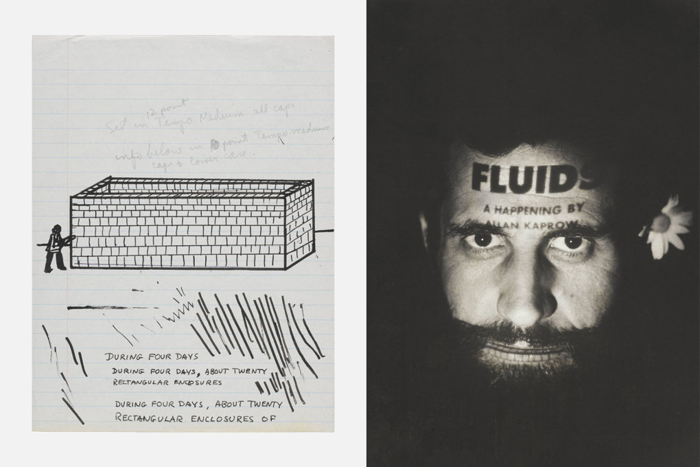 Allan Kaprow: &ldquo;Notes for Fluids&rdquo; (left), and portrait of the artist (right), both from Getty Research Institute (L.A.), 1967. (Courtesy Allan Kaprow Estate and Hauser &amp; Wirth, Photo&copy;Julian Wasser)
