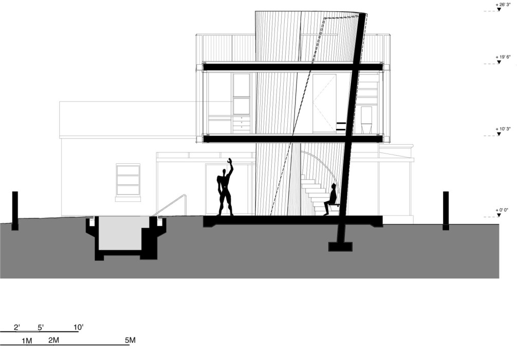 Section through the house, with a nod to Le Corbusier&rsquo;s Modular Man. (Image courtesy Christian Wassmann)