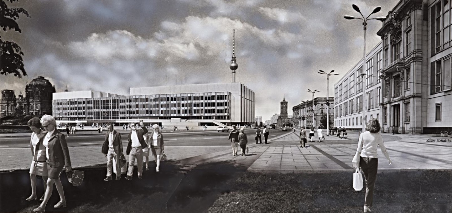 Visualisation of &ldquo;a multi-purpose building&rdquo;, later known as Palace of the Republic. The design was supposedly by Josef Kaiser, Urbach&rsquo;s collage dates from 1973.