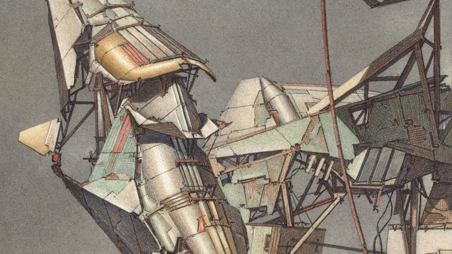 Detail from Lebbeus Woods, &ldquo;Geomagnetic Flying Machines&rdquo;, 1989, watercolour over a pencil drawing: &ldquo;cyborg-like constructions&rdquo;. (All images &copy; Estate of Lebbeus Woods)