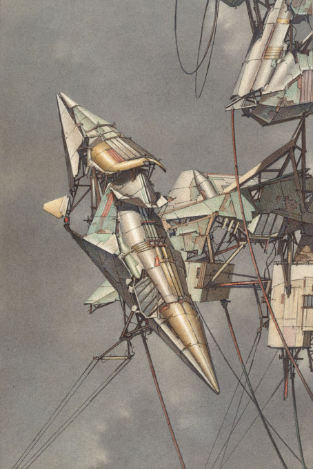 Lebbeus Woods, &ldquo;Geomagnetic Flying Machines&rdquo;, 1989, watercolour over a pencil drawing.