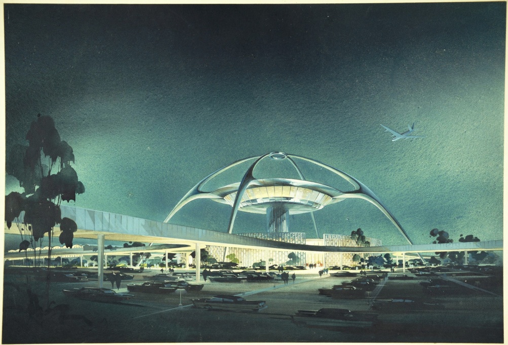 From the Getty Center's exhibition &ldquo;Overdrive&nbsp;L.A. Constructs the Future, 1940-1990&rdquo;: LAX, Theme Building; perspective view, 1961 (C. Luckman, W. Pereira, W. Becket and P. Willams. (Image &copy; The Luckman Partnership)&a