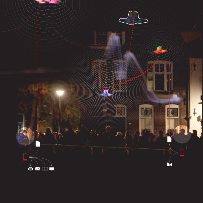 A project in which a flock of GPS enabled quadcopter drones, built to drift autonomously through the city for the Glow Festival in Eindhoven... (Photo: Claus Langer)