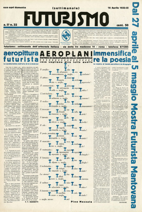 Mino Somenzi, ed., with words-in-freedom image &ldquo;Airplanes &rdquo;&nbsp;by Pino Masnata,&nbsp;&ldquo;Futurismo 2, no. 32&rdquo;, 1933. (Photo: Jean-Daniel Chavan)