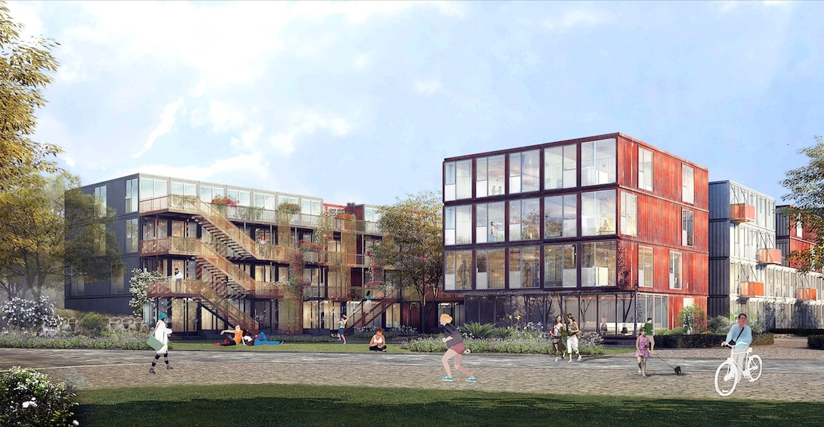 ...whilst this rendering show the site as it will eventually look once all containers, including prefabricated ones, are on site. (Image courtesy Holzer Kobler Architekturen)&nbsp;