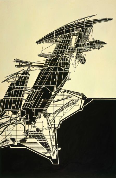 Lebbeus Woods, &ldquo;Aerial Paris&rdquo;, 1989, copic marker on tracing paper on board.
