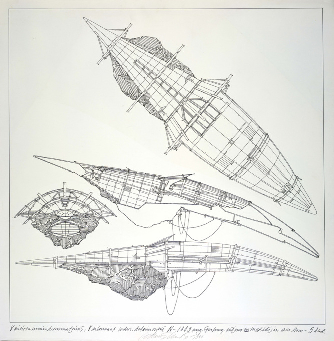 Lebbeus Woods, &ldquo;Geomagnetic Flying Machines&rdquo;, 1988, ink on tracing paper on board.