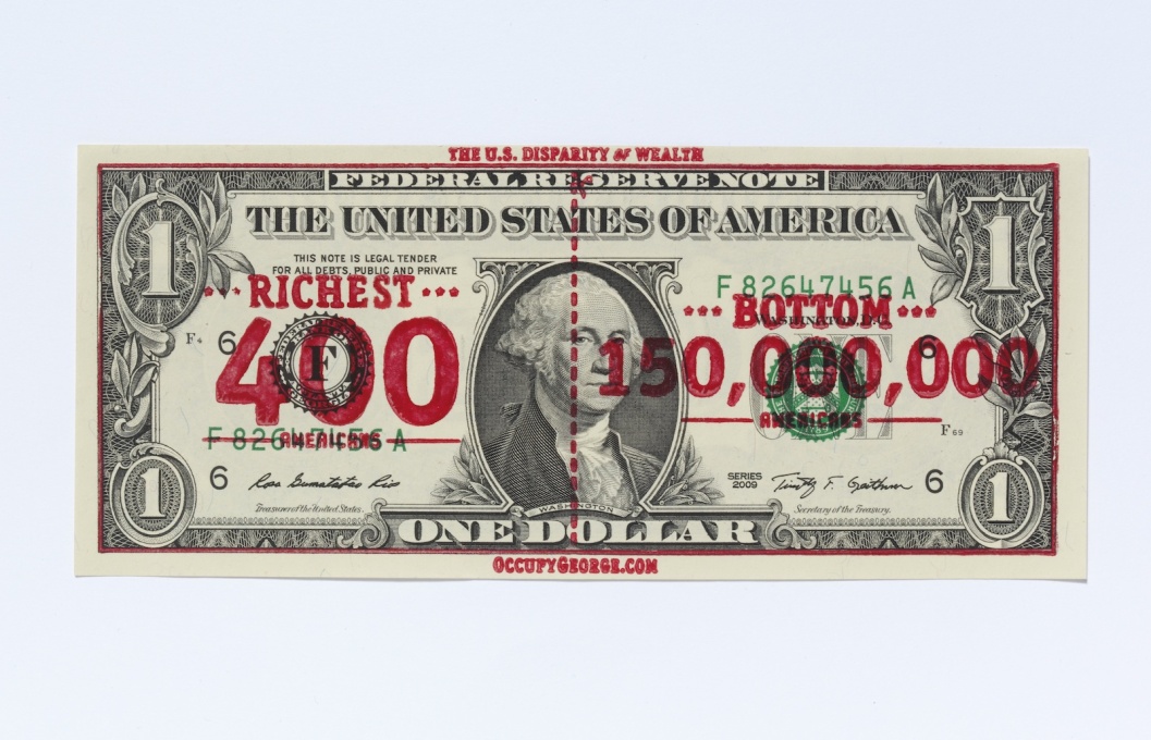 &ldquo;Occupy George&rdquo; overprinted dollar bill, a symbol of the unfair distribution of wealth. (Photo courtesy Andy Dao and Ivan Cash)