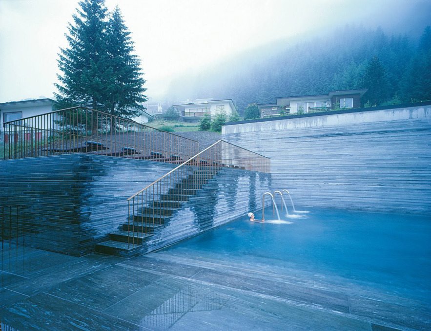 The outdoor pool on a misty morning (Courtesy Hotel Therme Vals)
