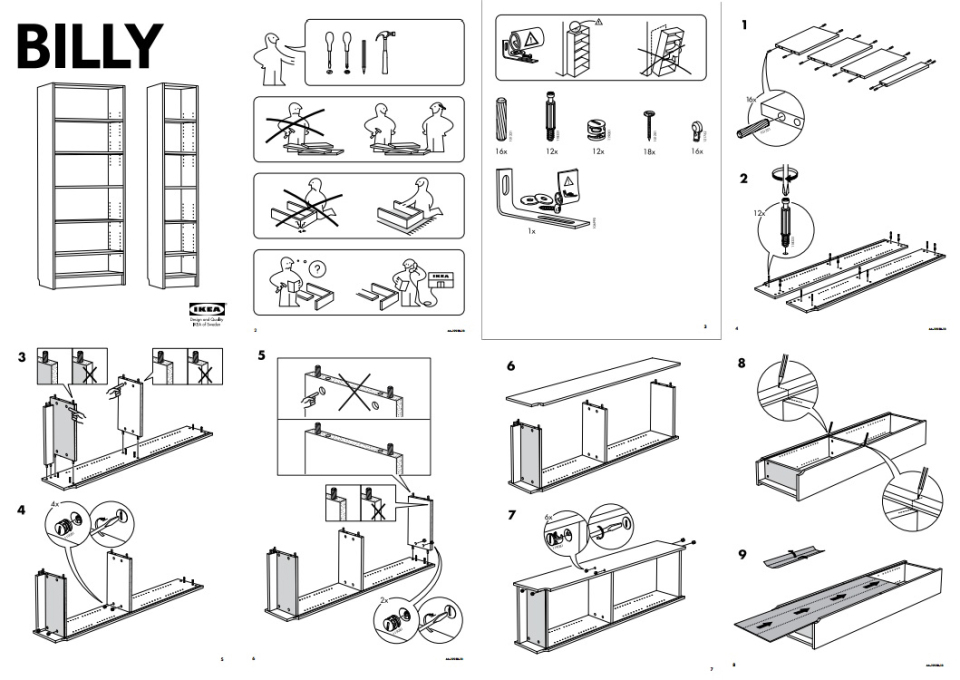 Is there really any DIY aspect to IKEA furniture, or is it simply customisation as a sales ploy? (Image: downloadable Billy shelf instruction manual)