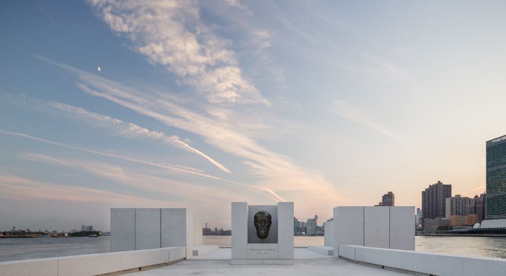 A bronze bust of Franklin Delano Roosevelt, made in 1933, welcomes visitors to the apex of the park, with the 12-foot walls of "The Room" beyond.
