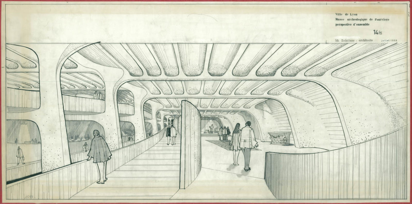 The open views through the museum are demonstrated in Zehrfuss&rsquo; drawings for the building.