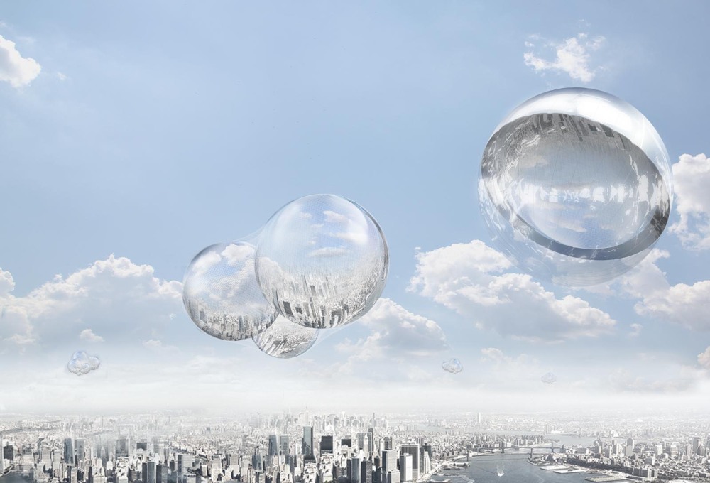 Visualisation of Saraceno&rsquo;s&nbsp;&ldquo;Aerocene&rdquo; together with his earlier project in the same series: &ldquo;Cloud Cities&rdquo;.