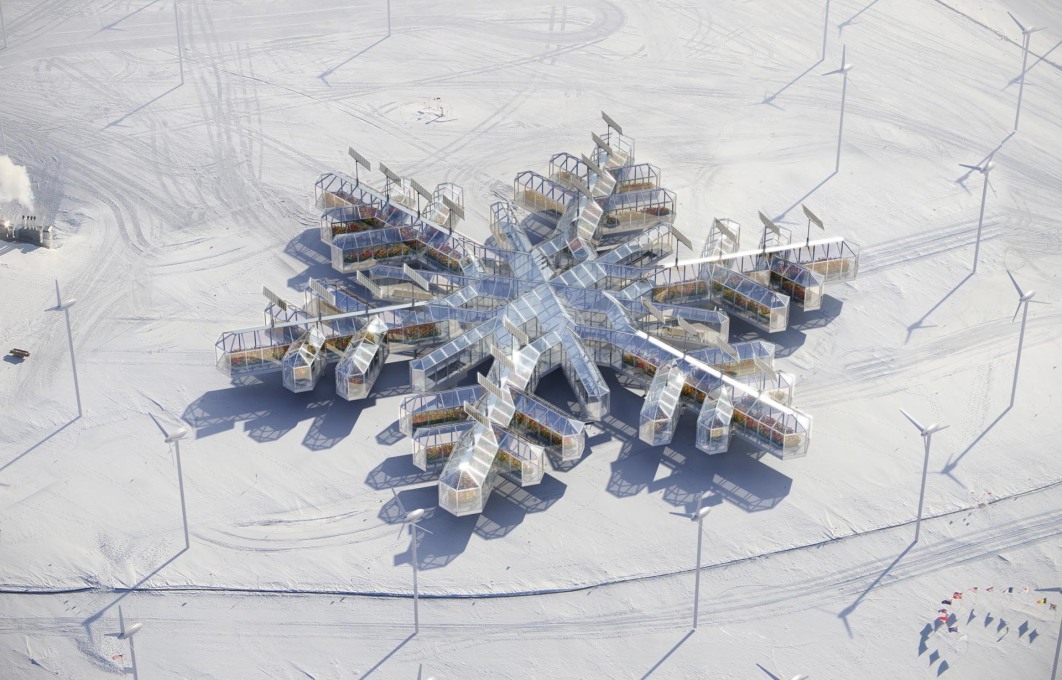 An Antarctic Imaginary? Alexey Kozyr and Ilya Babak's scheme "Antarctic Poppy Orangery in Antarctica",&nbsp;2014, a&nbsp;solar and wind powered&nbsp;botanical and medical research base, and recreation zone. (Image courtesy the architects)