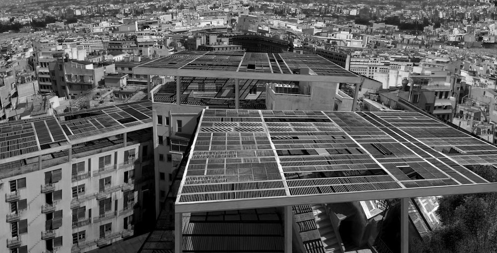 Athens Terrace Works. Disused elements from Athens&rsquo;s infrastructural facilities mounted on the city&rsquo;s roofs, to create new pergola structures and shaded communla spaces.
