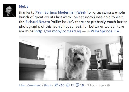 The ever-accessible Moby's facebook feed.&nbsp;