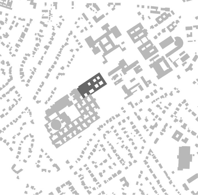 Site plan of the entire building in 2015 with the latest extension, the &ldquo;Wood Bucket&rdquo;, to the northeast, marked in a darker grey. (Image: Nagler Architects)